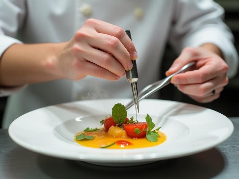 Le mani dello chef mentre finalizzano la decorazione di un piatto